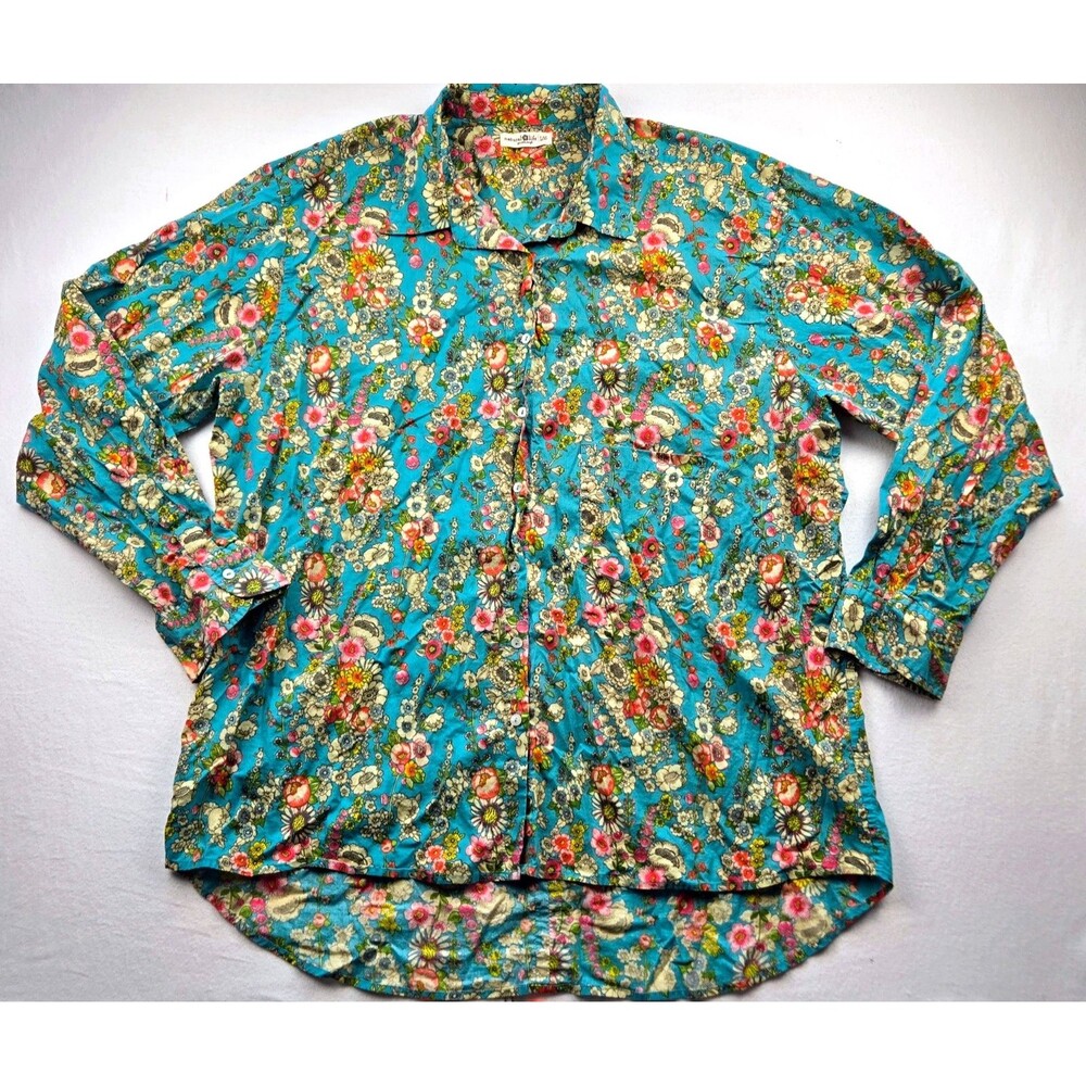 Natural Life Womens L XL Floral Button Down Shirt Teal Cotton Boho Cottagecore